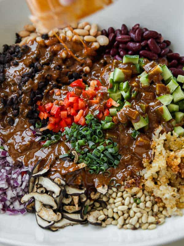 A colorful salad bowl with sections of black beans, kidney beans, white beans, diced red pepper, cucumber, chopped green onions, red onion, grilled eggplant, pine nuts, and crispy rice, topped with brown sauce.